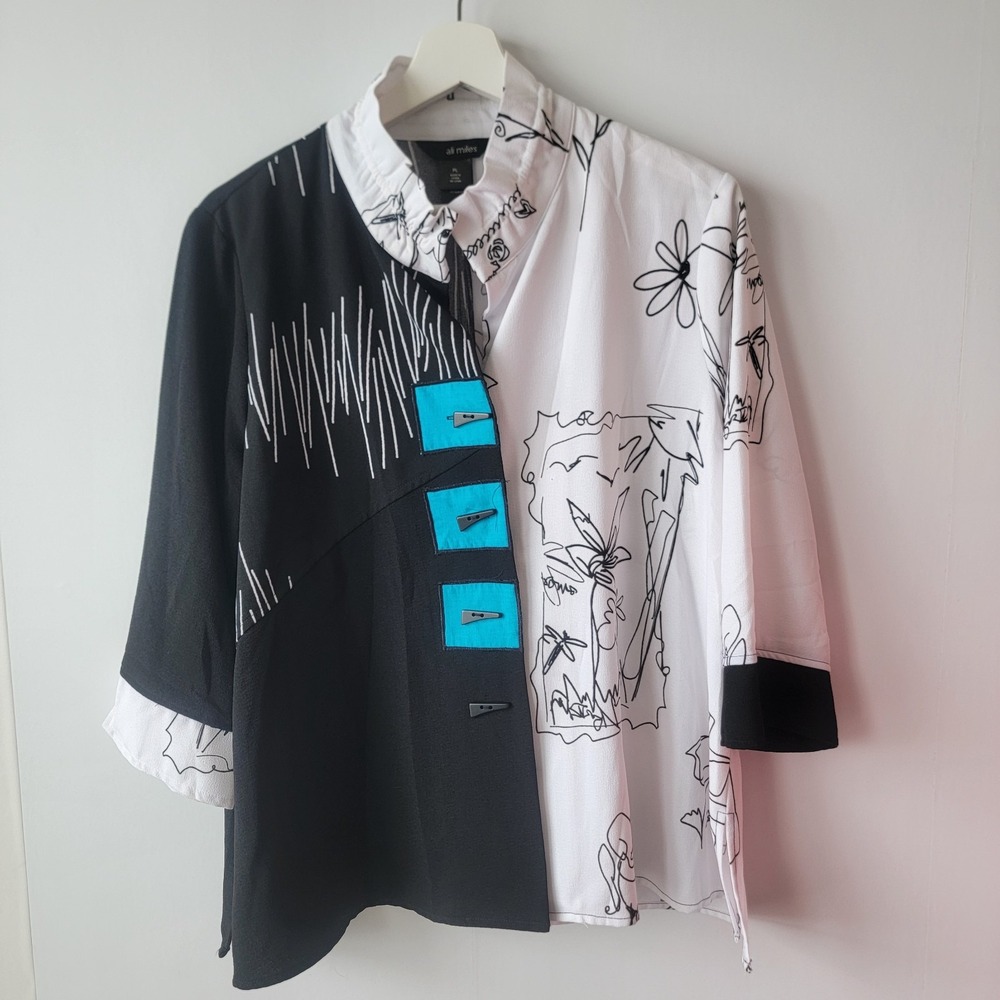 Ali miles women's abstract colorblock button-down tunic top sz PL Art 3/4 Sleeve